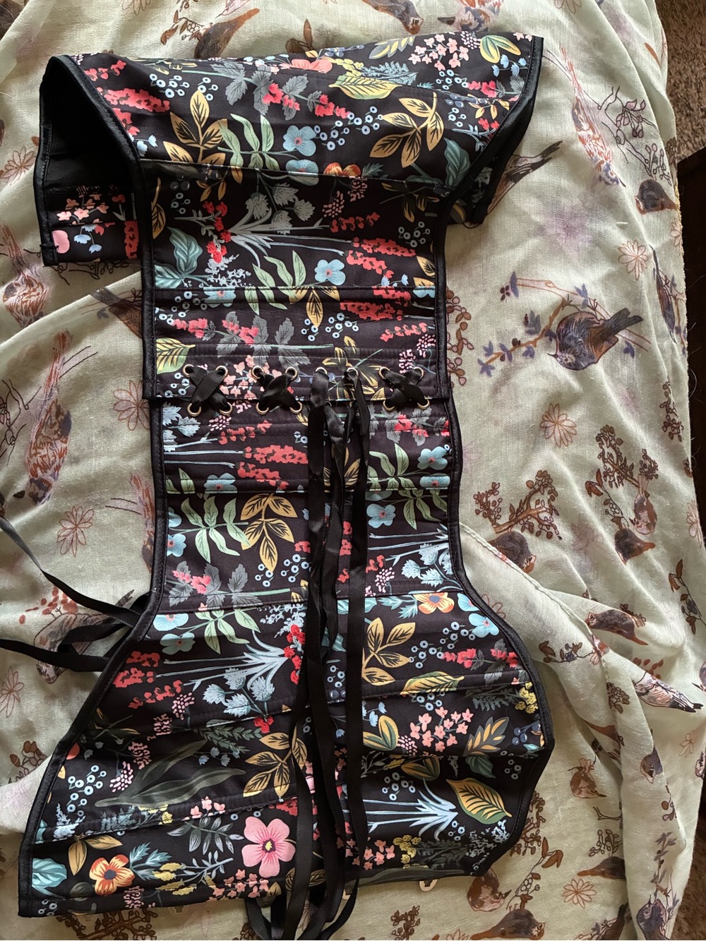 Floral Lace-Up Waist Cincher Corset - Black with Multicolor Botanicals